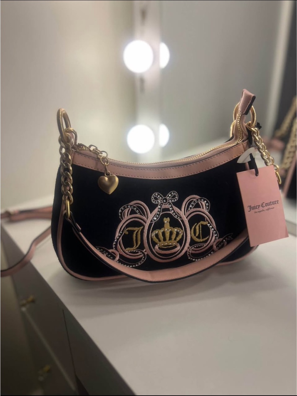 Juicy Couture Black and Pink Crown-Embroidered Shoulder Bag